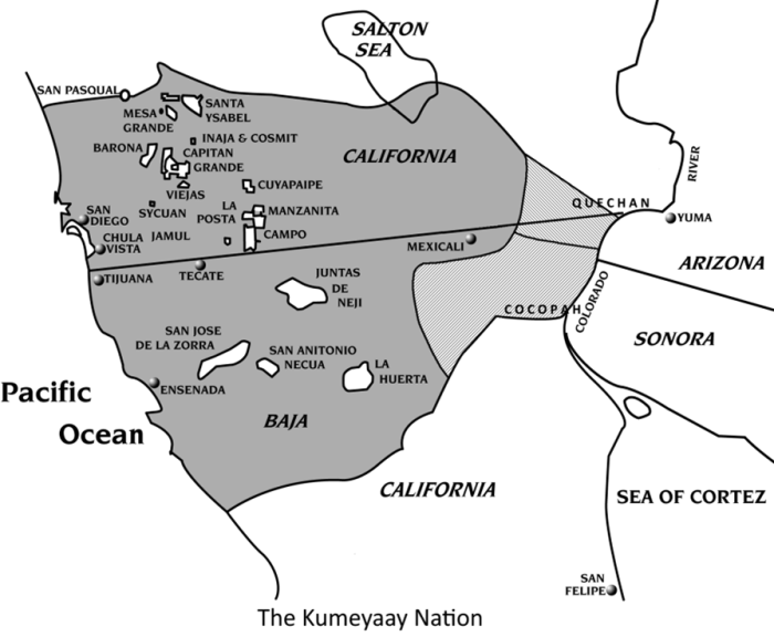 Kumeyaay Lands before Encroachment (with modern Reservations/Ejidos in white). Map created by Mike Connolly.